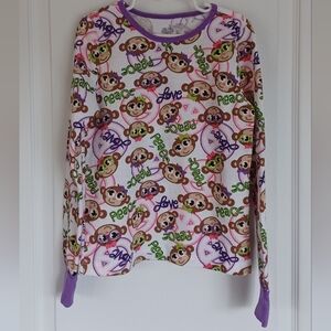GIRLS WAFFLE KNIT THERMAL TOP FRUIT OF THE LOOM L (10/12) MONKEY/PEACE/LOVE